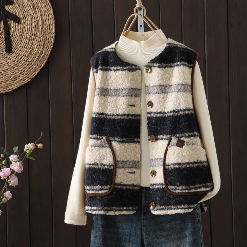 Retro Round Neck Sleeveless Patchwork Striped Vest Tops