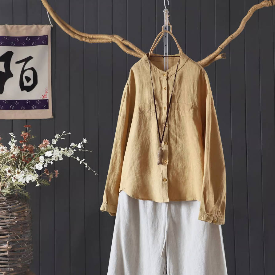 Spring Linen Round Neck Loose Solid Color Daily Casual Shirt