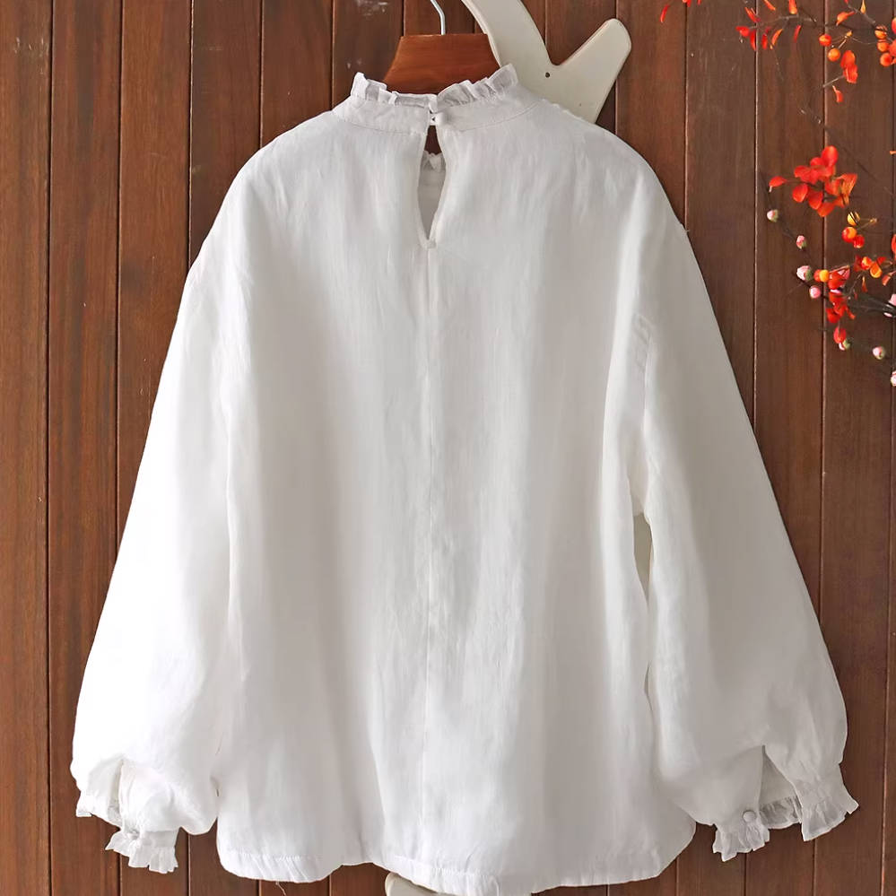 White Autumn Cotton Ruffled Neck Cotton-In Warm Tops