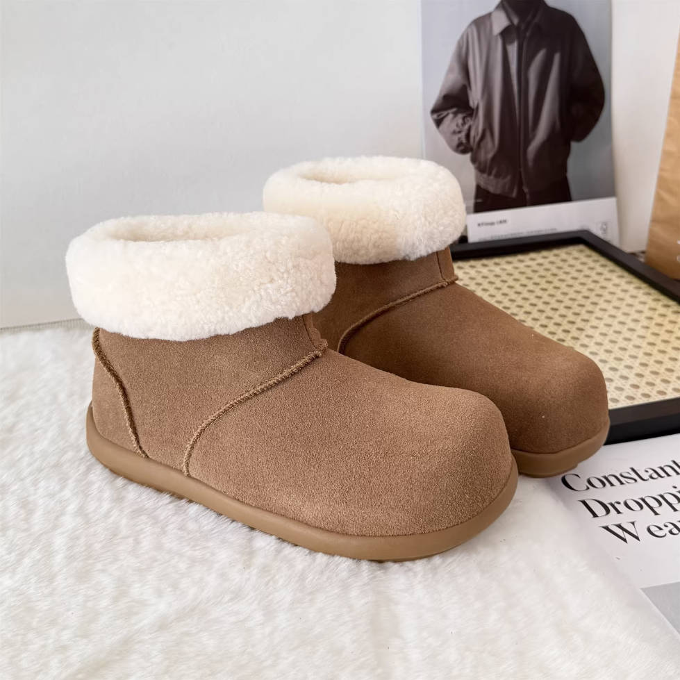 Winter Leather Sueded Round Toe Woolen Patchwork Soft Sole Boots