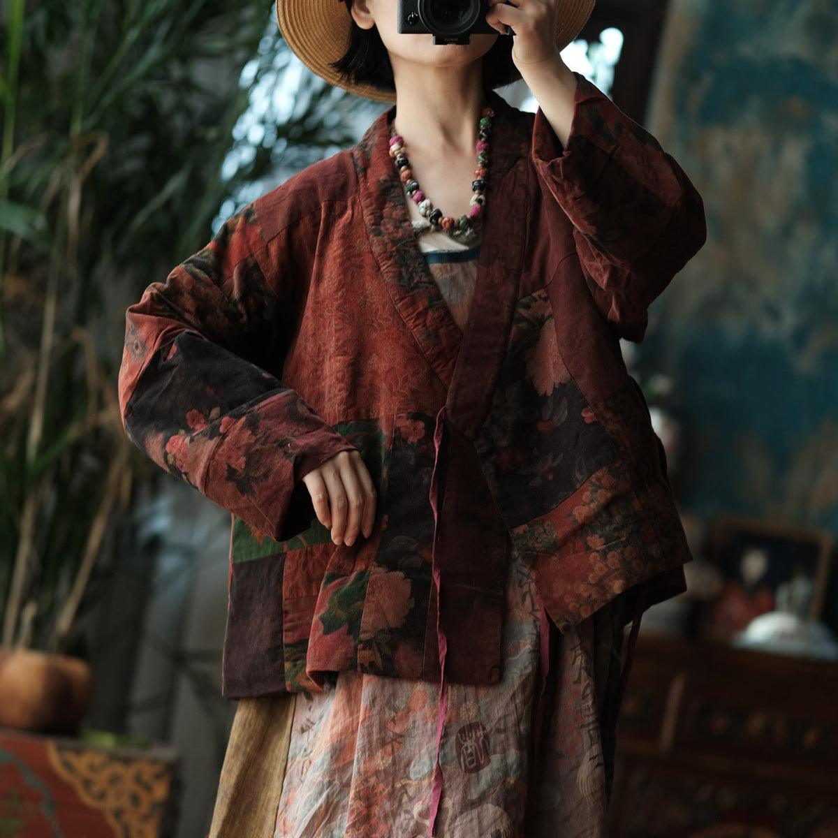 Retro Cotton V-Neck Lace-Up Thick Long Sleeves Coat