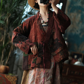 Retro Cotton V-Neck Lace-Up Thick Long Sleeves Coat