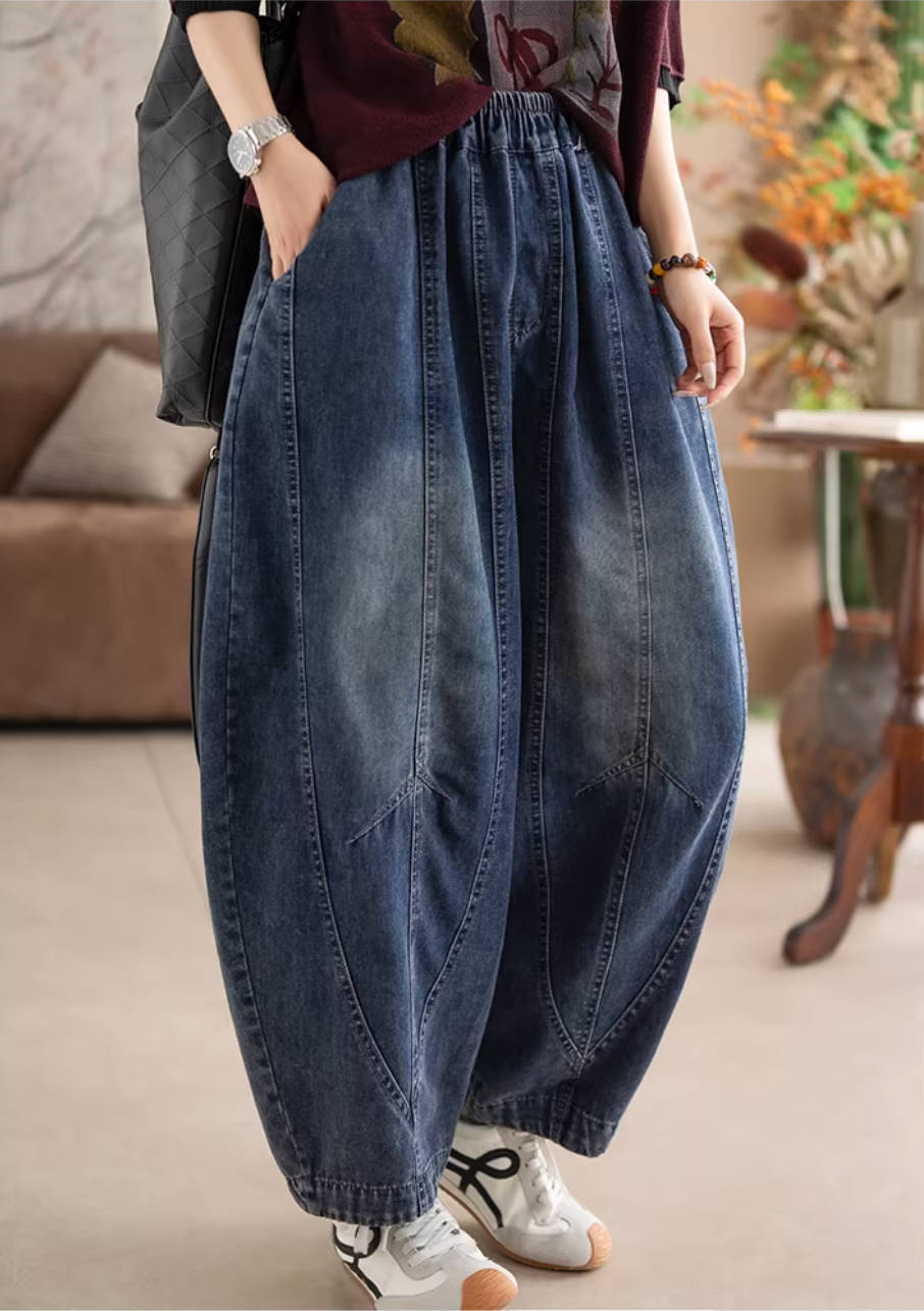Spring Vintage Denim Blue Elastic Waist Cotton Loose Harem Pants