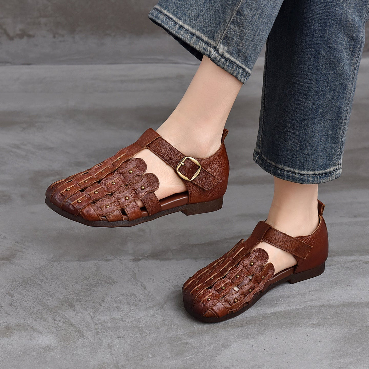 Summer Round Toe Hallow Vintage One Straped Soft Flat Sole Shoes