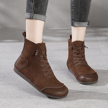 Winter Leather Sueded Patchwork Soft Flat Sole Lace-Up Ankle Boots