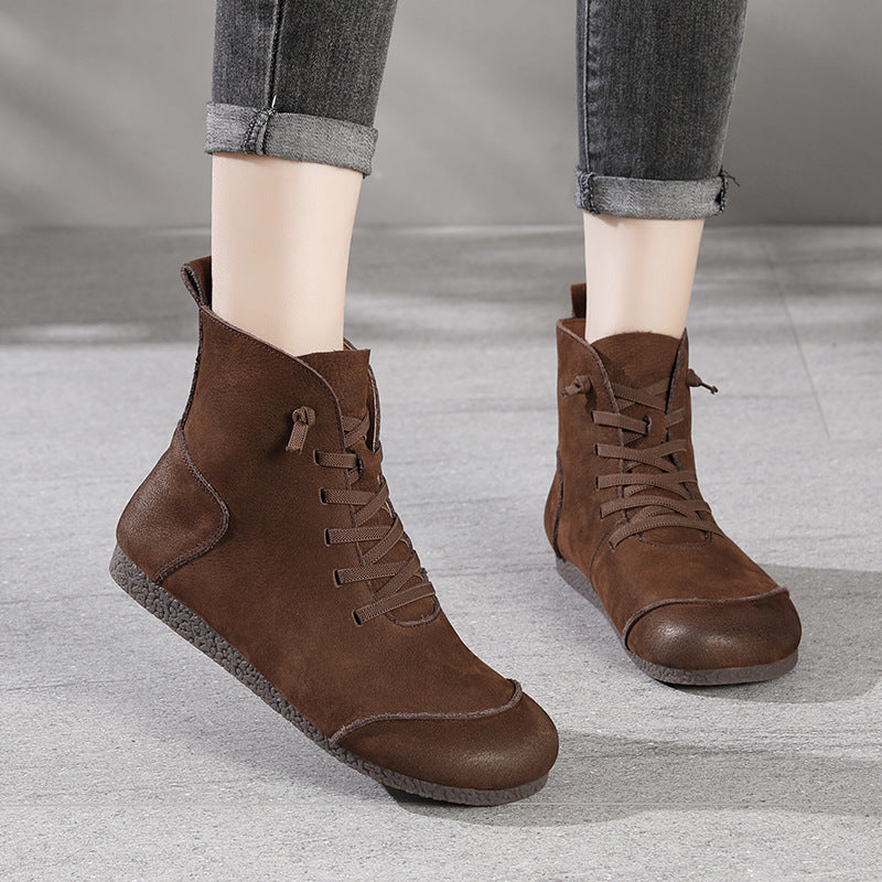 Winter Leather Sueded Patchwork Soft Flat Sole Lace-Up Ankle Boots