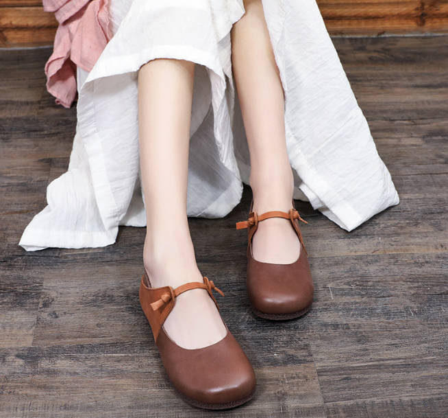 Retro Genuine Leather Round Toe One Straped Casual Soft Flat