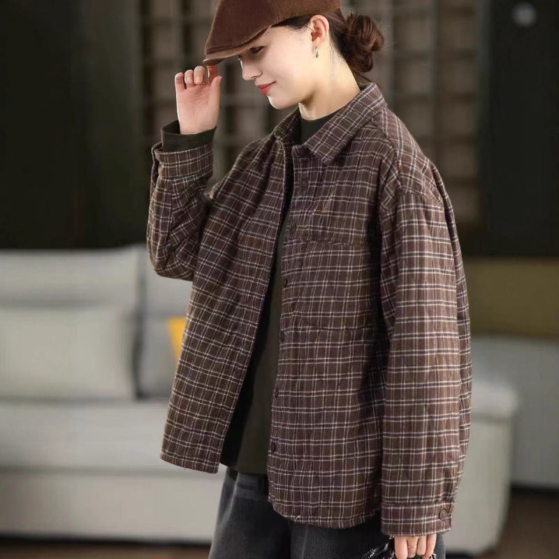 Winter Cotton Plaid Thick Warm Single-Breasted Cotton-In Coat