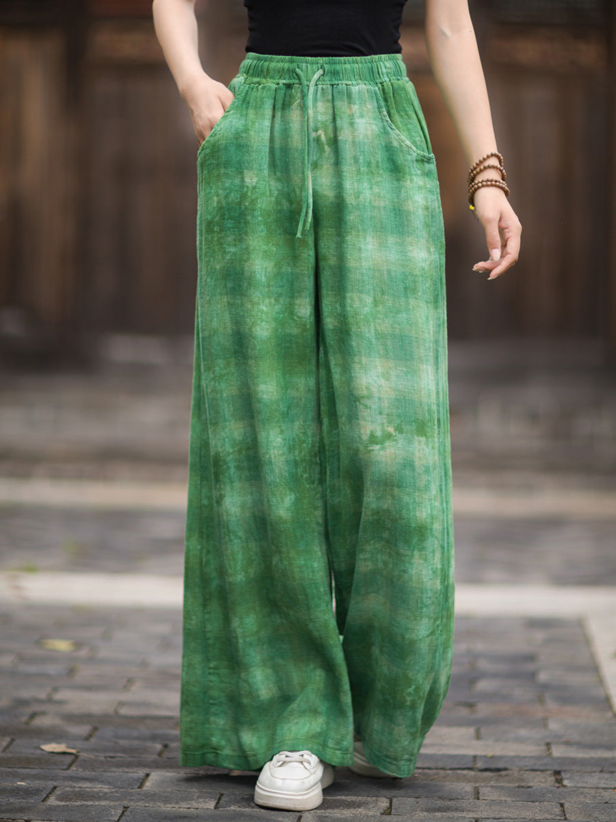 Autumn Linen Colorful Plaid Tie-Dye Loose Elastic Waist Pants