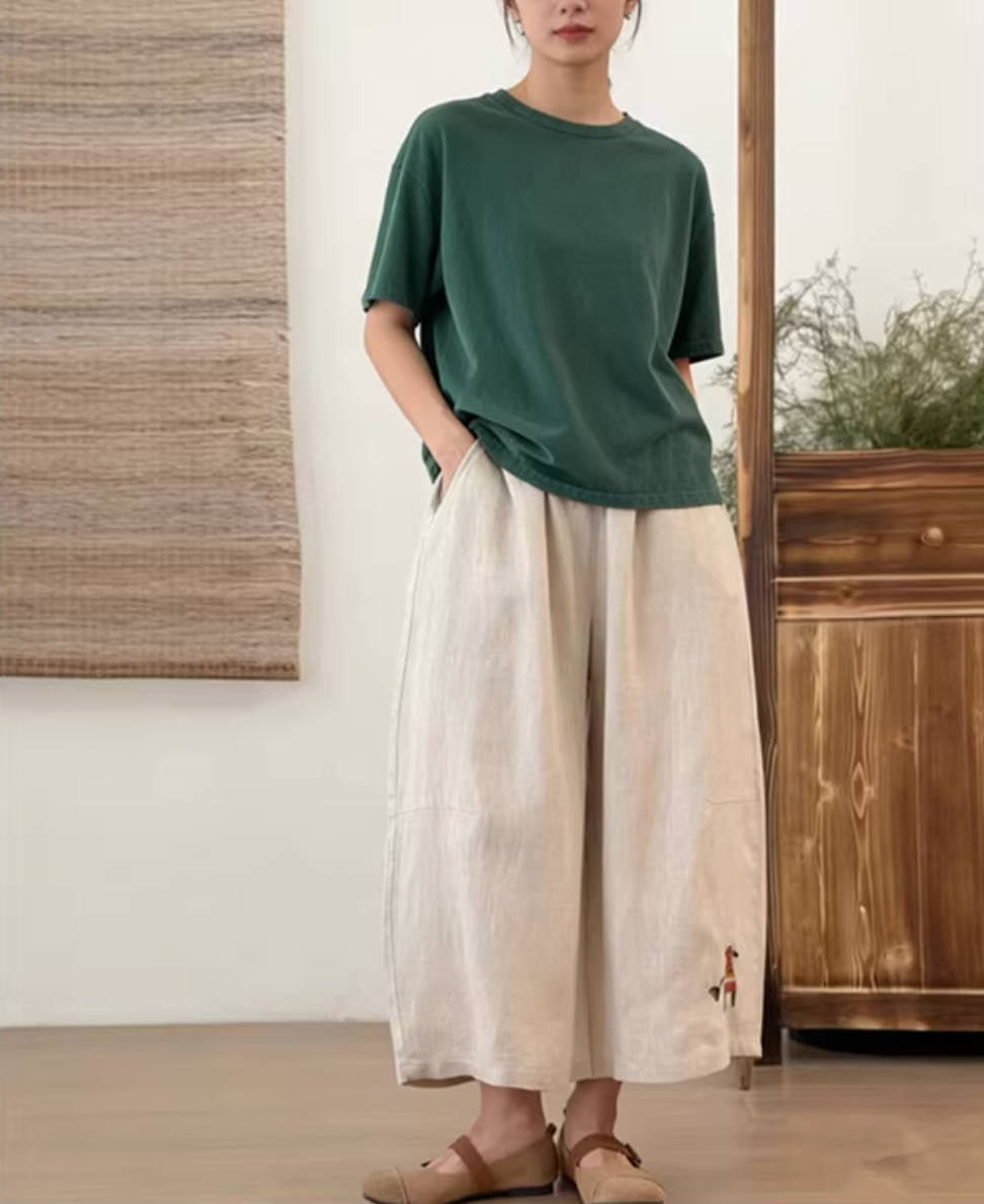Linen Spring Cute Pattern Embroidered Elastic Waist Loose Pants