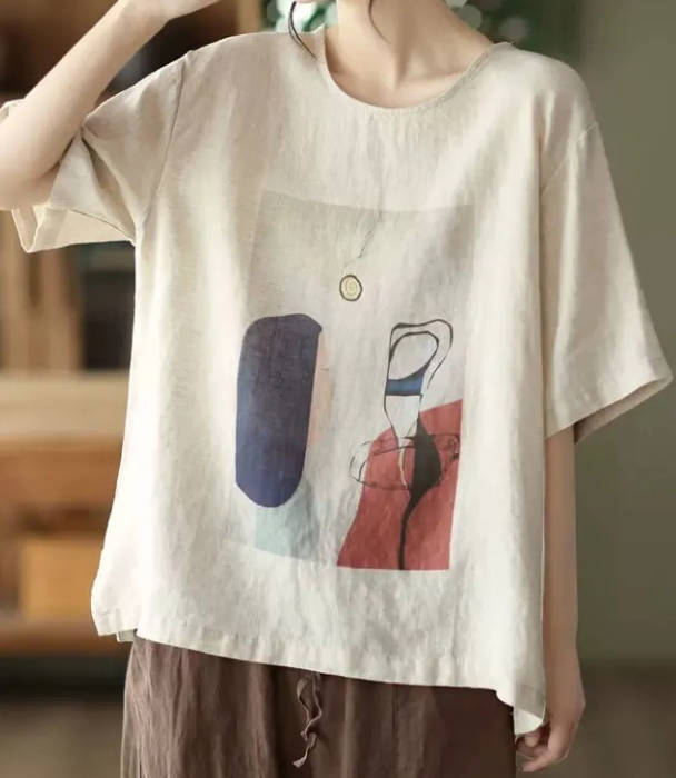 Summer Literary Slimming Casual Patchwork Round Neck Top