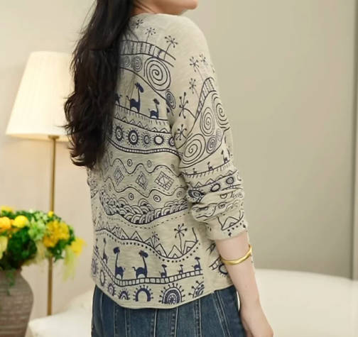 Women Camel Print Round Neck Casual Loose Fit Thin Long-Sleeve T-Shirt