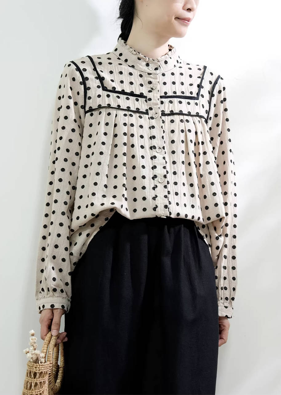 Spring Elegant Polka Dots Stand Ruffled Collar Patchwork Loose Shirt