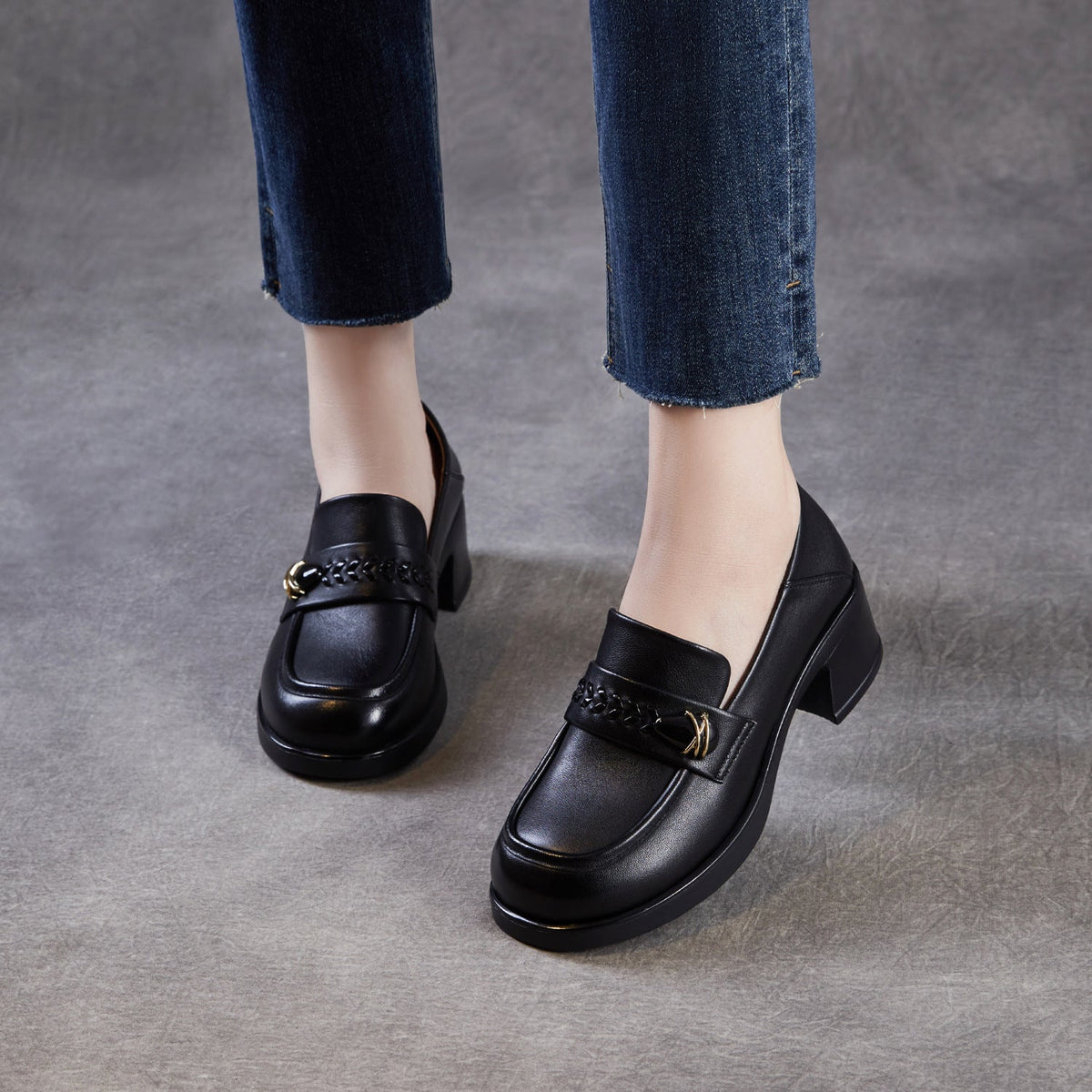 Sheepskin Leather Vintage Elegant Soft Sole Chunky Round Toe Loafers