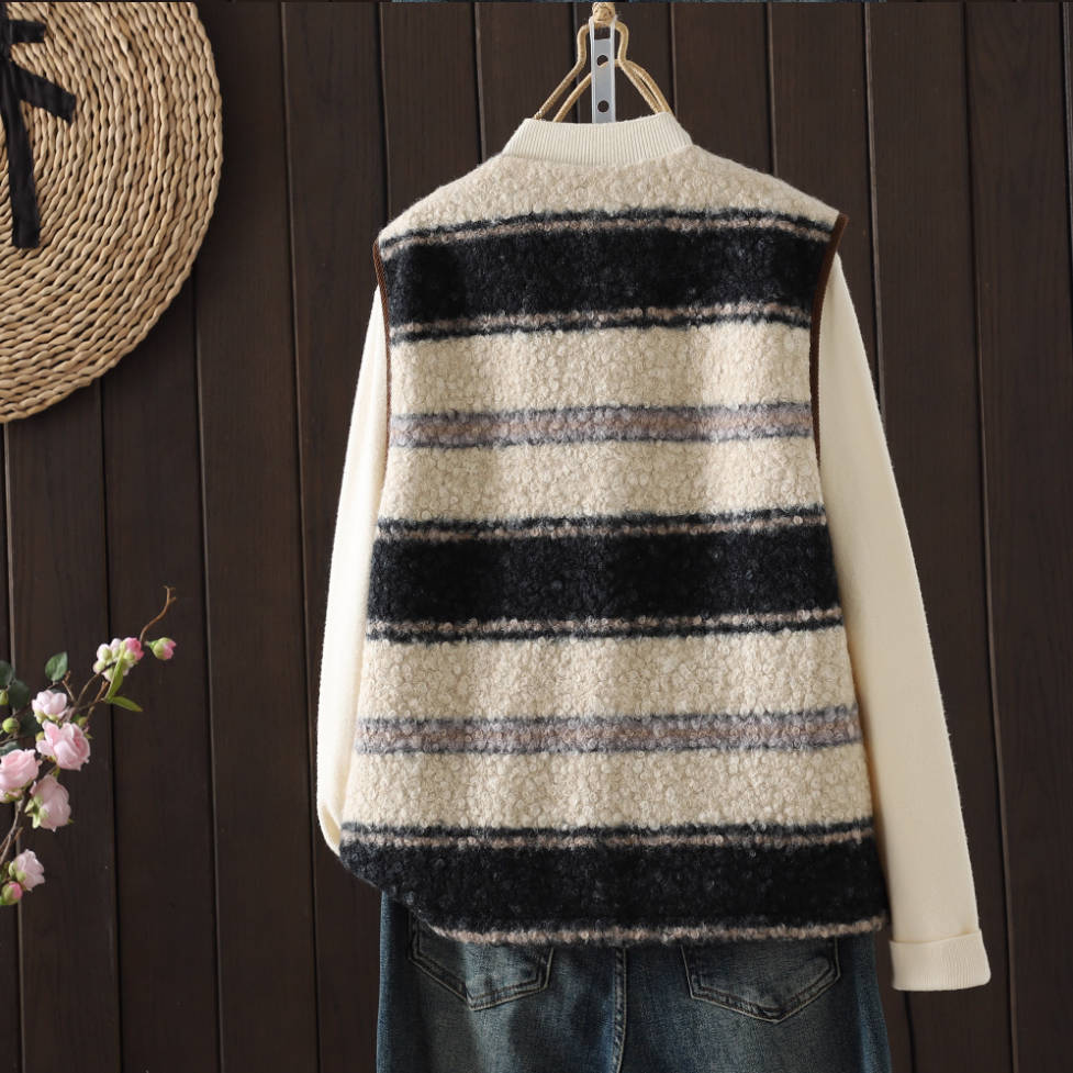 Retro Round Neck Sleeveless Patchwork Striped Vest Tops