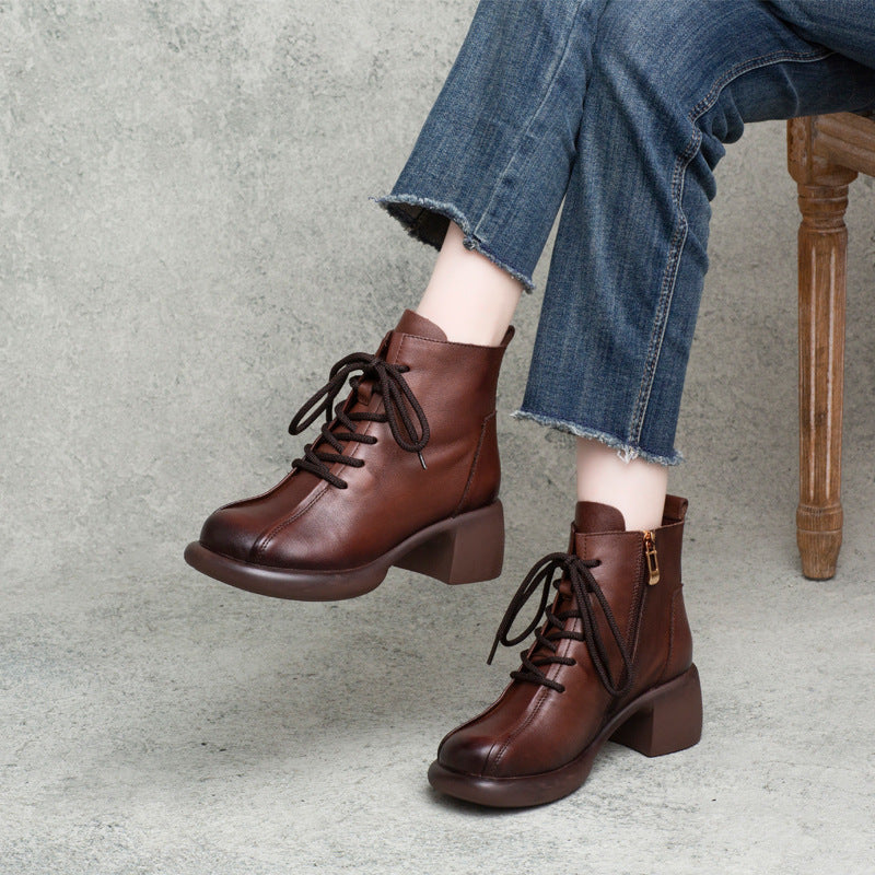 Vintage Leather Elegant Chunky Lace-Up Zipper Ankle Boots
