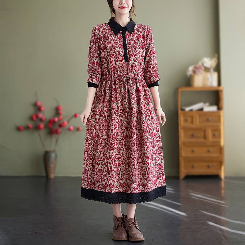 Retro Linen Floral Printed Shirt Collar Long Sleeves Lace Hem Dress