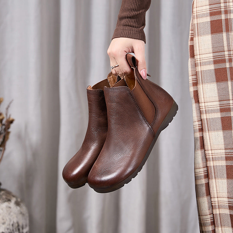 Retro Top Leather Versatile Soft Flat Sole Slip-On Boots