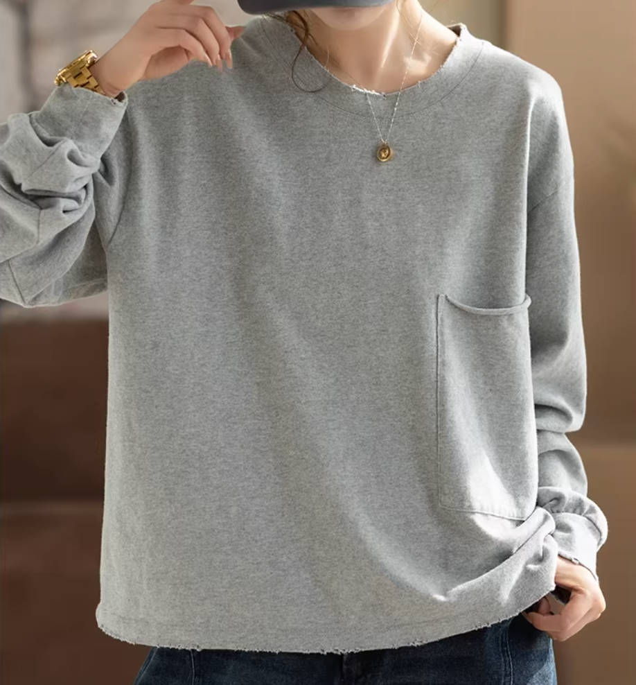 Cotton Casual Round Neck Loose Pocket Versatile Tops