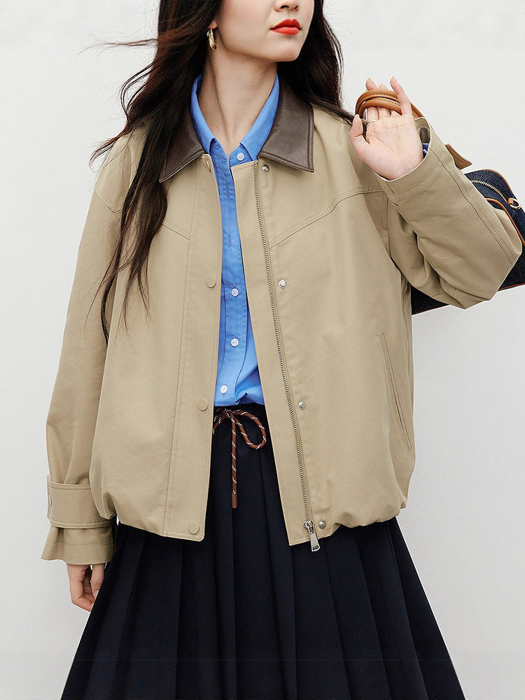 Khaki Casual Autumn Lapel Patchwork Short Coat