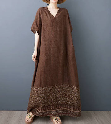 Retro V-neck Cotton Linen Loose Fitting Long Robe Dress