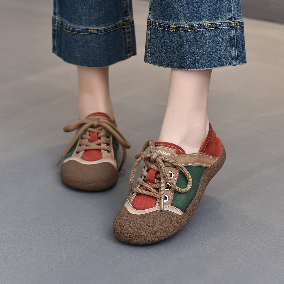Casual Leather Round Toe Patchwork Lace-Up Soft Sole Flat Shoes