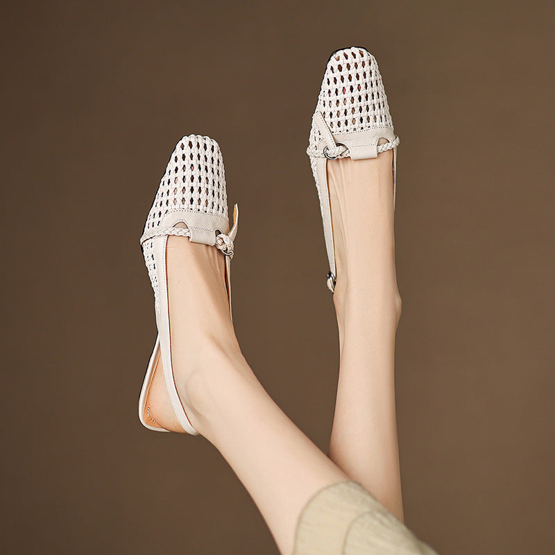Sheepskin Leather Woven Patchwork Breathable Pointed Toe Sandals