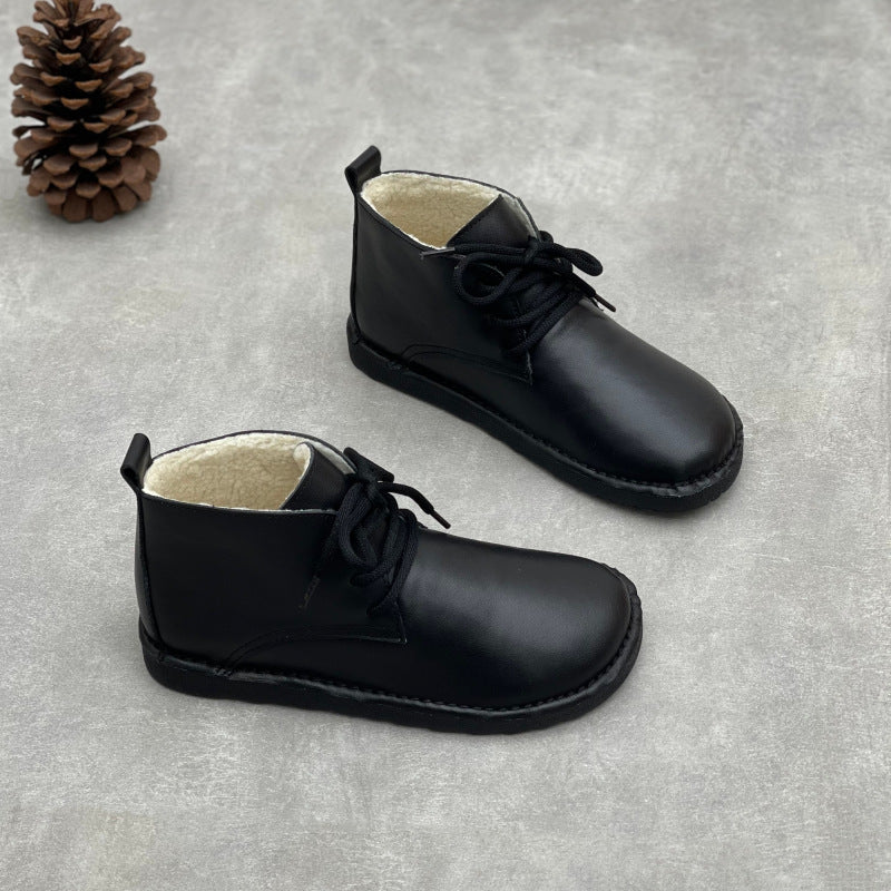 Winter Warm Leather Fleece-Lined Lace-Up Ankle Boots