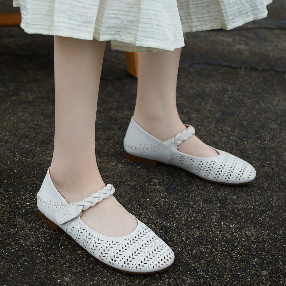 Hallow Retro Leather Breathable Woven One Straped Velcro Flats