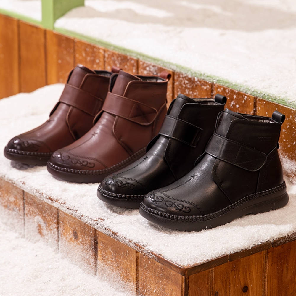 Retro Winter Leather Embroidered Velcro Comfy Warm Plush Boots
