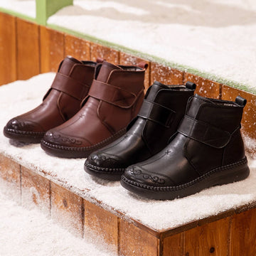 Retro Winter Leather Embroidered Velcro Comfy Warm Plush Boots