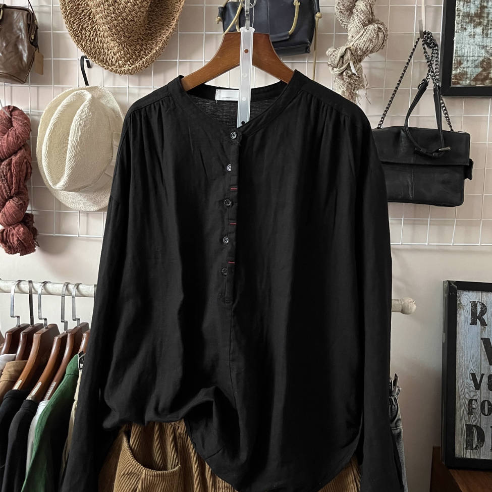 Solid Color Round Neck Single-Breasted Long Sleeves Shirt