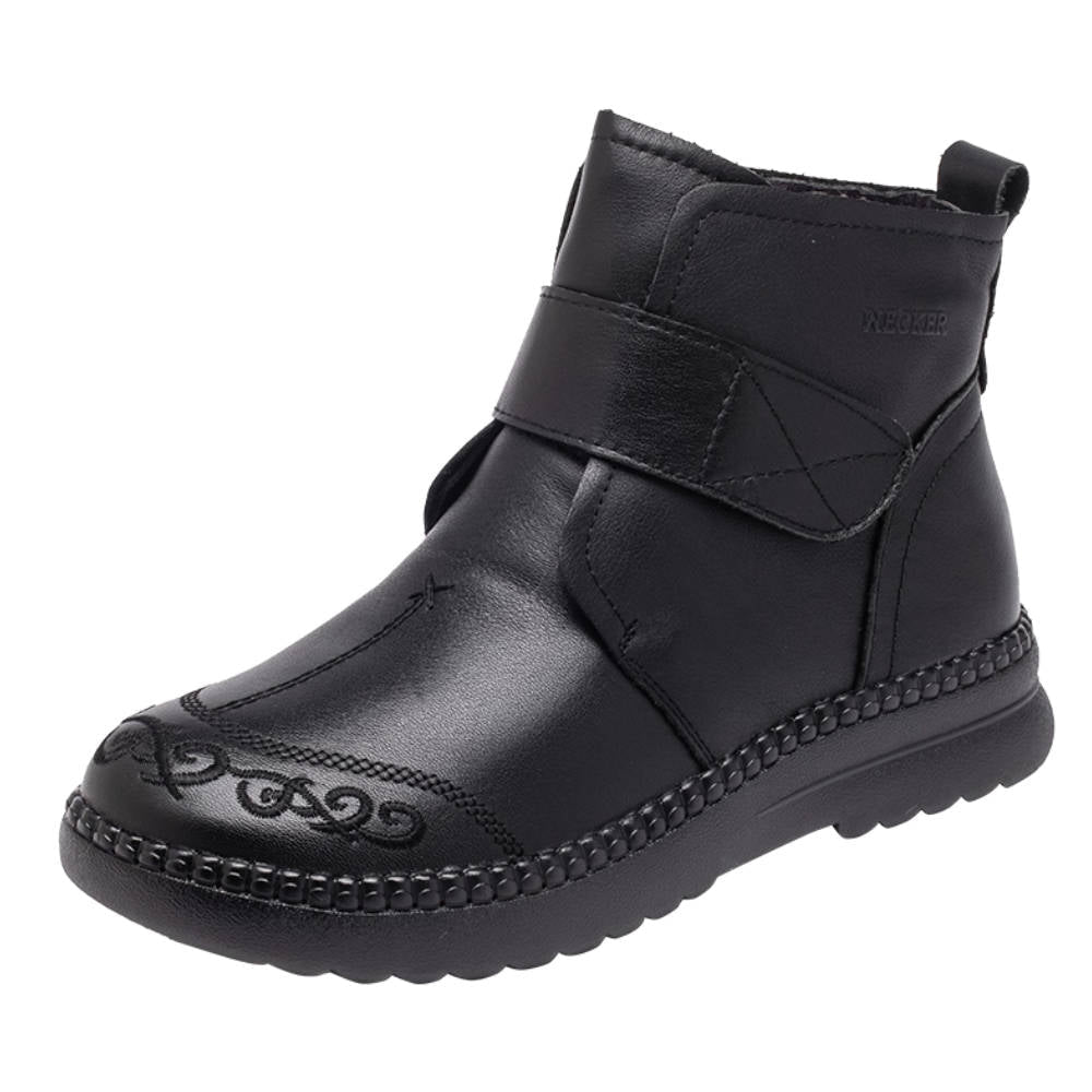 Retro Winter Leather Embroidered Velcro Comfy Warm Plush Boots