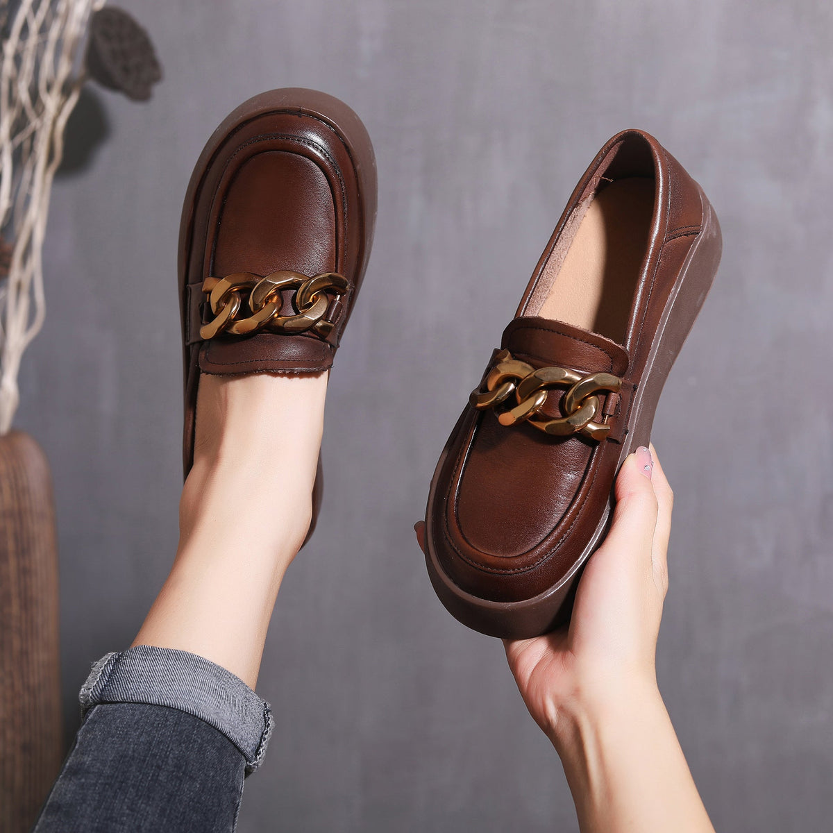Vintage Leather Round Toe Gold Straped Soft Flat Sole Loafers
