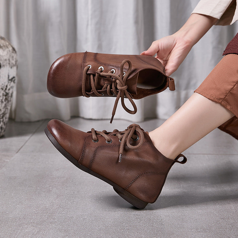 Retro Genuine Leather Round Toe Soft Flat Sole Slip-On Ankle Boots