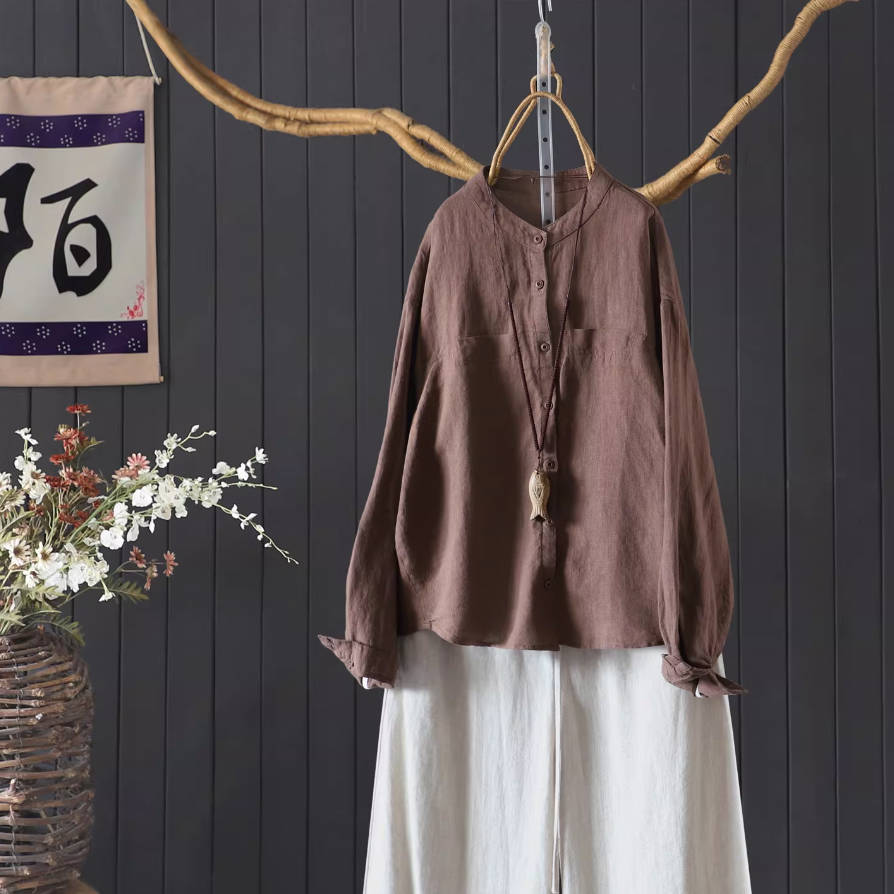 Spring Linen Round Neck Loose Solid Color Daily Casual Shirt