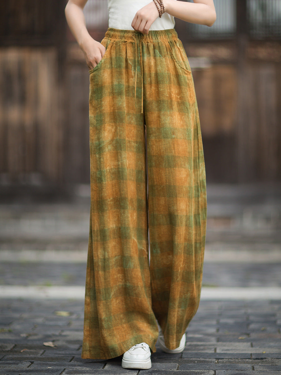 Autumn Linen Colorful Plaid Tie-Dye Loose Elastic Waist Pants