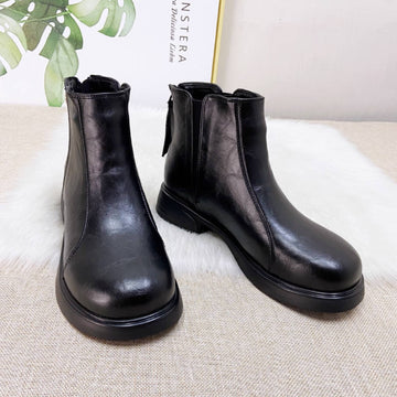 Black Retro Leather Simple Wide Toe Elastic Soft Sole Plush Boots