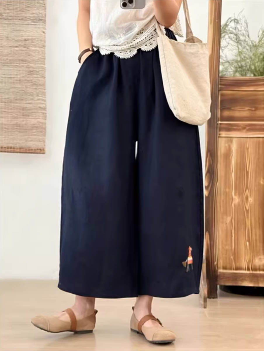 Linen Spring Cute Pattern Embroidered Elastic Waist Loose Pants