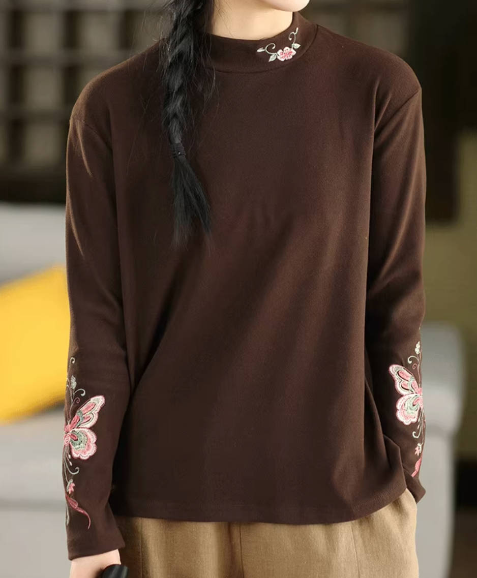 Spring Plush High Neck Embroidered Butterflies Loose Tops