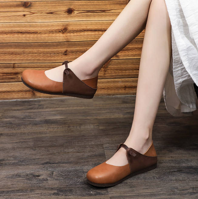 Retro Genuine Leather Round Toe One Straped Casual Soft Flat