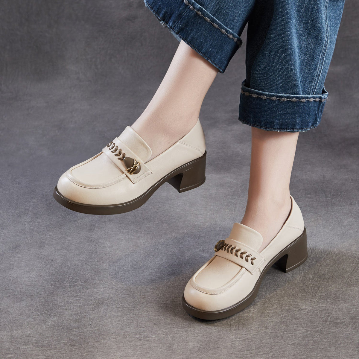 Sheepskin Leather Vintage Elegant Soft Sole Chunky Round Toe Loafers