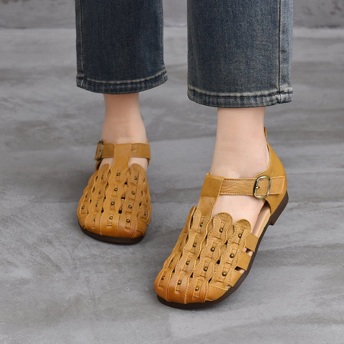 Summer Round Toe Hallow Vintage One Straped Soft Flat Sole Shoes