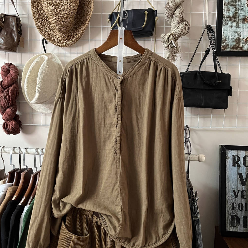 Solid Color Round Neck Single-Breasted Long Sleeves Shirt
