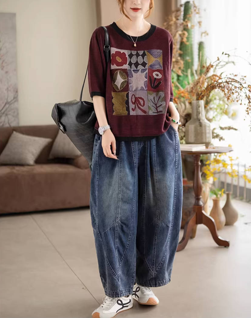 Spring Vintage Denim Blue Elastic Waist Cotton Loose Harem Pants