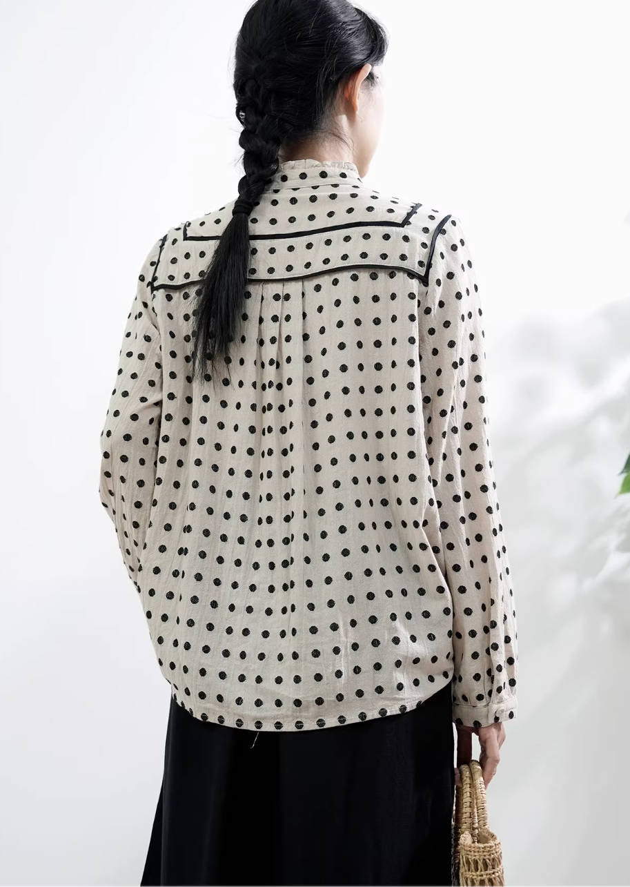 Spring Elegant Polka Dots Stand Ruffled Collar Patchwork Loose Shirt
