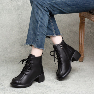 Vintage Leather Elegant Chunky Lace-Up Zipper Ankle Boots