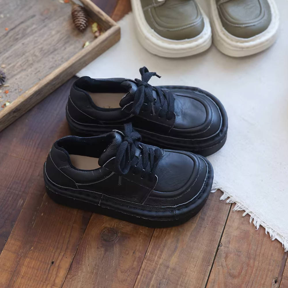 Wide Toe Retro Leather Thick Soft Sole Platform Lace-Up Shoes