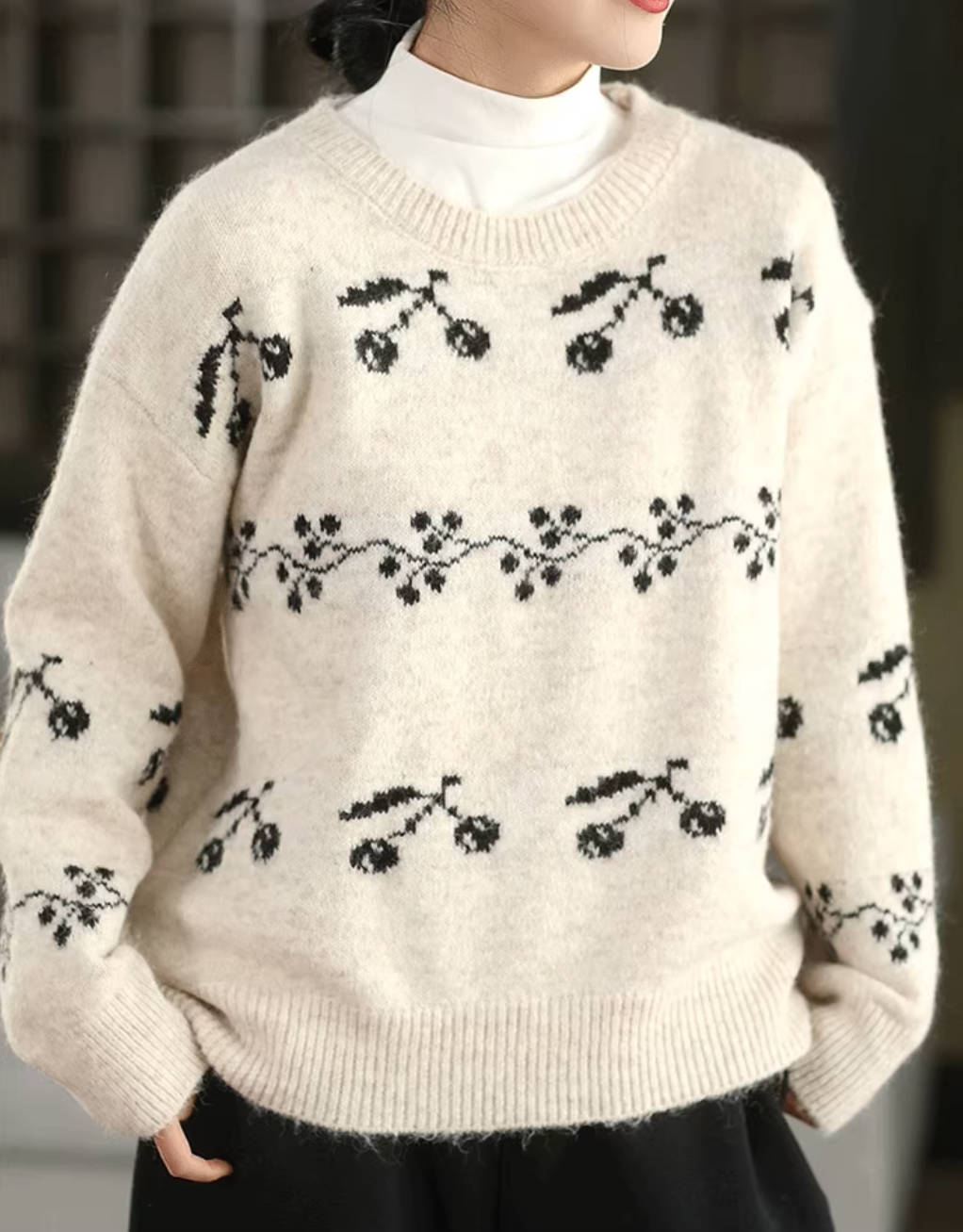 Winter Warm Wool Round Neck Printed Thick Sweater