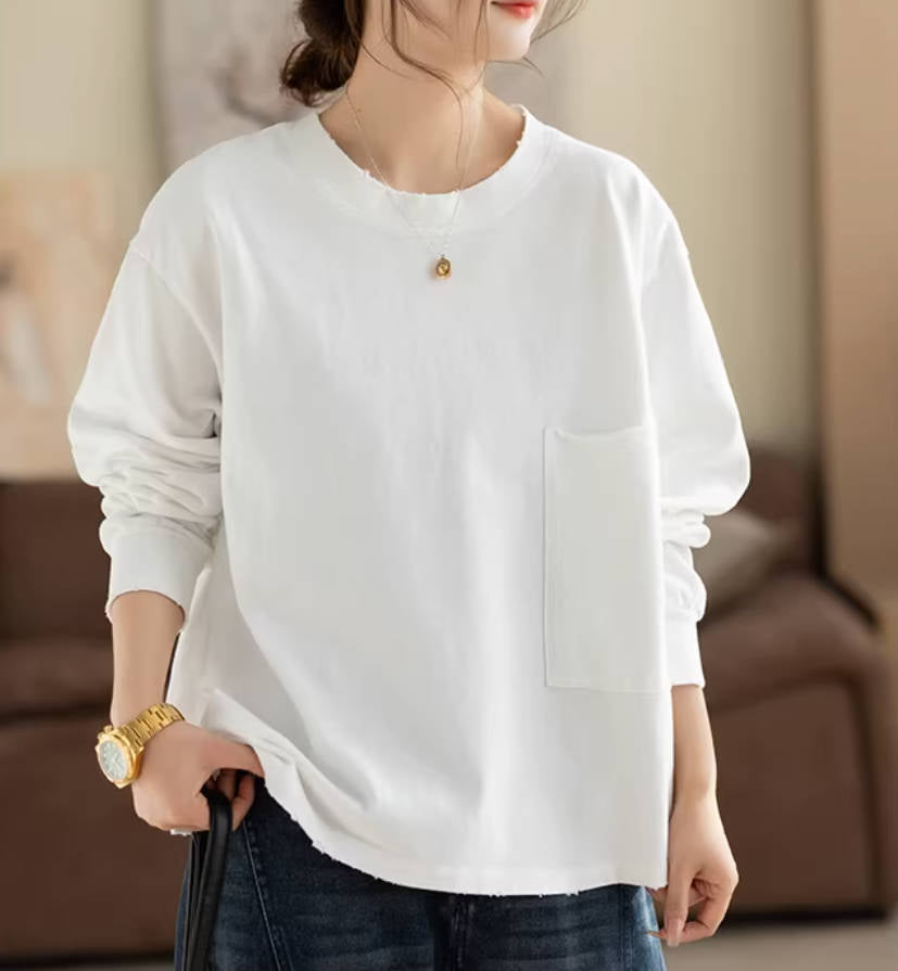 Cotton Casual Round Neck Loose Pocket Versatile Tops